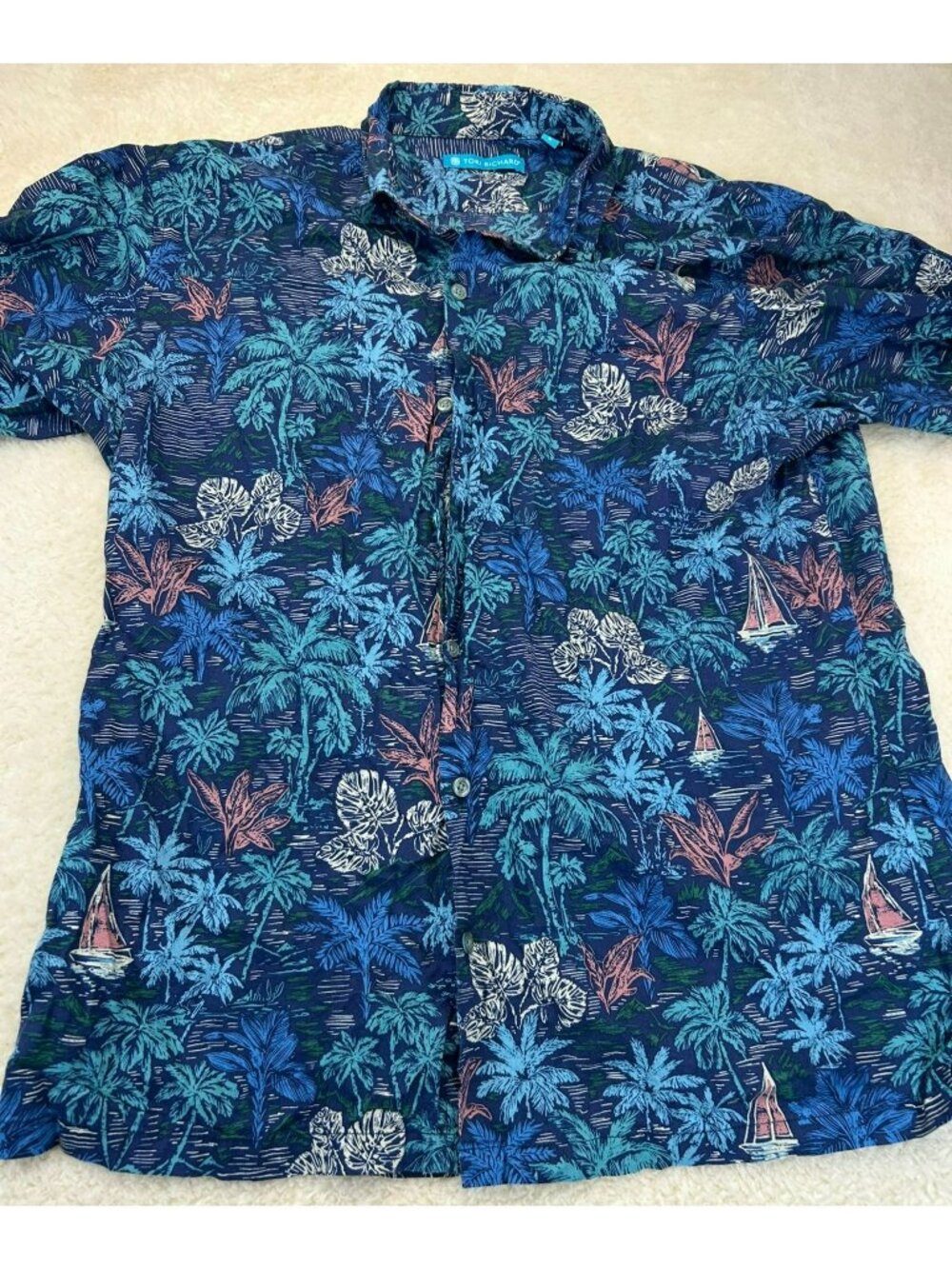 Tori Richard Mens Hawaiian Button-Down Shirt Blue Multi Large 100% Cotton Lawn